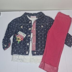 Little Lass Jean Jacket Flower Heart Shirt Pants Set 12m